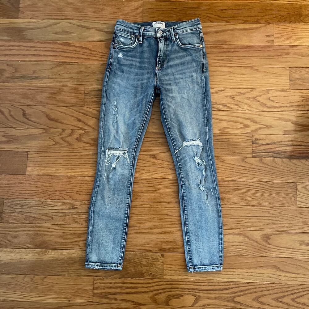 AGOLDE Sophie Crop Jeans Womens 24 Blue Outsider Distressed Raw Hem High Rise